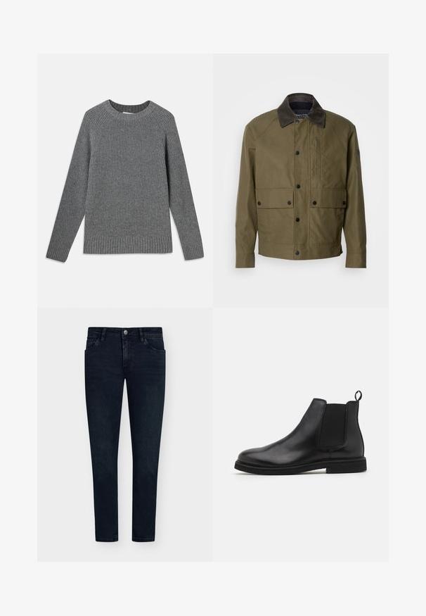 Olivovo zelená bunda vyrobená z texturovanej látky, s hnedým kordovým golierom, patentkami, dvoma prednými vreckami a zipsovým vreckom na hrudi.; Sivý rebrovaný sveter s dlhými rukávmi, okrúhlym výstrihom a textúrovanou látkou. Obsahuje rebrované okraje na manžetách a spodnej časti.; Tmavomodré denimové džínsy so slim fit strihom, dizajnom s piatimi vreckami, zatváraním na gombík a minimálnym vyblednutím. Rovný predok a úzke otvory na nohavice.; Čierne kožené Chelsea topánky s elastickými bočnými panelmi a ťahacou pútkom. Oválny špička a plochá gumová podrážka s hladkým povrchom.