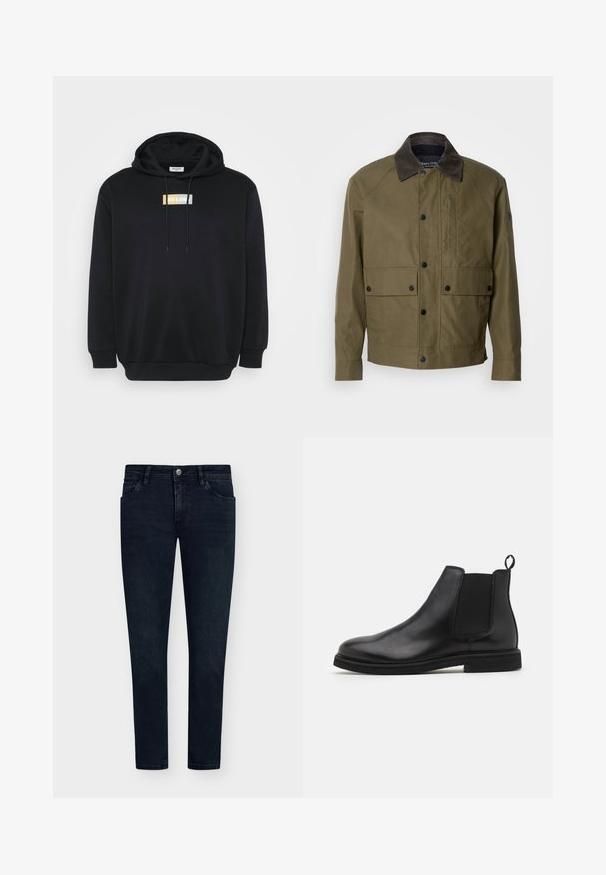 Olivově zelená bunda vyrobená z texturované látky, s hnědým manžestrovým límcem, patentkami, dvěma předními kapsami a kapsou na zip na hrudi.; Černá mikina s kapucí vyrobená z měkké látky, s předním logem v bílé, žluté a světle modré barvě. Obsahuje klokankovou kapsu a šňůrku na kapuci.; Tmavě modré džíny s úzkým střihem, designem s pěti kapsami, zapínáním na knoflík a minimálním opotřebením. Plochý přední díl a úzké nohavice.; Černé kožené chelsea boty s elastickými bočními panely a poutkem. Zaoblený špička a plochá gumová podrážka, která ukazuje hladký povrch.