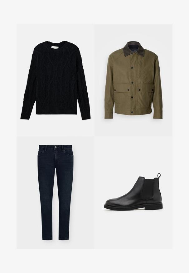 Olīvu zaļš mētelis, kas izgatavots no teksturēta auduma, ar brūnu krokodila kaklu, spiedpogām, divām priekšējām kabatām un kabatu ar rāvējslēdzēju krūtīs.; Tumši zilā krāsā adīts džemperis ar apļa kakla izgriezumu, strukturētu rakstu un ribota apakšmalu un piedurknēm. Izgatavots no bieza tekstila materiāla.; Melnas garām piedurknēm turtleneck krekls, izgatavots no mīkstas auduma. Tam ir piegulosa dizaina forma ar ribotām aprocēm un gludu tekstūru. Nav raksturojumu vai logo.; Tumši zili džinsi ar šauru piegriezumu, piecu kabatu dizainu, pogu aizdari un minimālu izbalēšanu. Taisna priekšpuse un šauras kāju atveres.; Melnas ādas Čelsijas botas ar elastīgām sānu daļām un vilkšanas cilpu. Apaļā pirksta forma un plakana gumijas zole, demonstrējot gludu apdari.