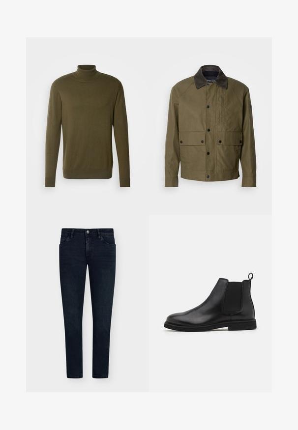 Olijfgroene jasje van textuurstof, met een bruine corduroy kraag, drukknoopsluiting, twee voorzakken en een ritszak op de borst.; Olijfgroene coltrui gemaakt van zachte, lichtgewicht stof; heeft lange mouwen en ribgebreide manchetten en zoom.; Zwarte langemouw turtleneck shirt gemaakt van zachte stof. Heeft een aansluitend ontwerp met ribbels aan de mouwen en een gladde textuur. Geen patronen of logo's.; Donkerblauwe denim jeans met een slim fit, vijfzakkenontwerp, knoopsluiting en minimale vervaging. Rechte voorkant en smalle beenopeningen.; Zwarte leren Chelsea boots met elastische zijpanelen en een trekband. Ronde neus en platte rubberen zool, met een gladde afwerking.
