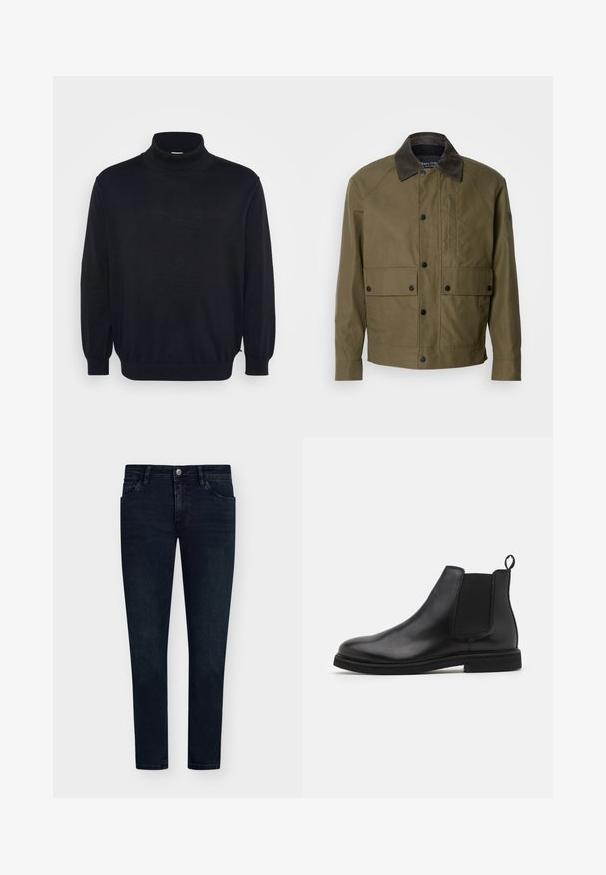 Olive green jacket made of textured fabric, featuring a brown corduroy collar, snap buttons, two front pockets, and a zippered chest pocket.; Black turtleneck sweater with long sleeves, ribbed neckline and cuffs, featuring a relaxed fit and smooth texture. Designed for casual wear.; Dark blue denim jeans with a slim fit, five-pocket design, button closure, and minimal fading. Flat front and narrow leg openings.; Black leather Chelsea boots with elastic side panels and a pull tab. Rounded toe and flat rubber sole, showcasing a smooth finish.