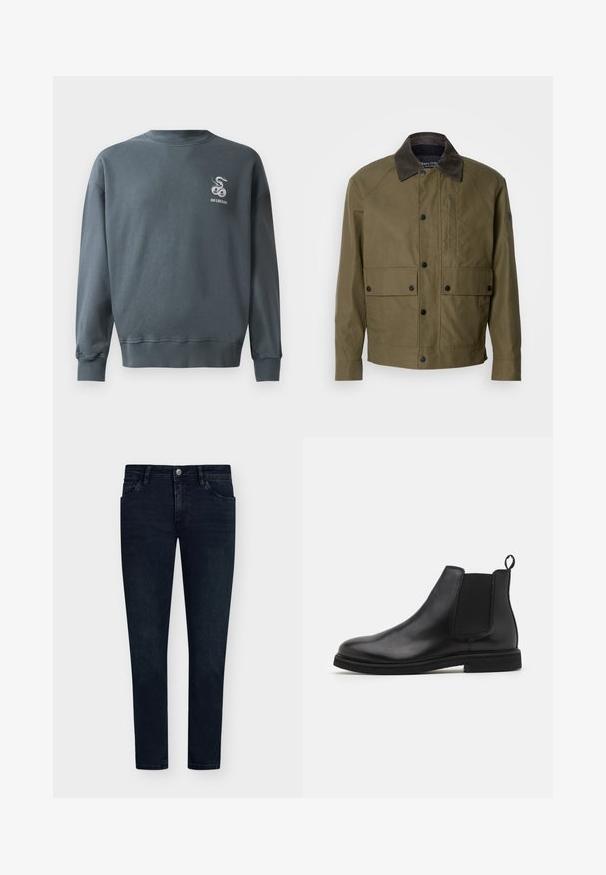 Olíva zöld zakó texturált anyagból, barna kordbársony gallérral, patentgombokkal, két elülső zsebbel és cipzáras mellzsebbel.; Szürke pamut pulóver kerek nyakkal, bordás mandzsettákkal, és egy kis hímezett kígyólogóval a bal felső mellrészen. Sima textúra.; Sötétkék farmernadrág, slim fit szabással, öt zsebbel, gombos záródással és minimális fakulással. Lapos elülső rész és szűk lábnyílások.; Fekete bőr Chelsea csizma elasztikus oldalsó panelek és húzófül nélkül. Lekerekített orr és lapos gumitalp, sima kivitelben.