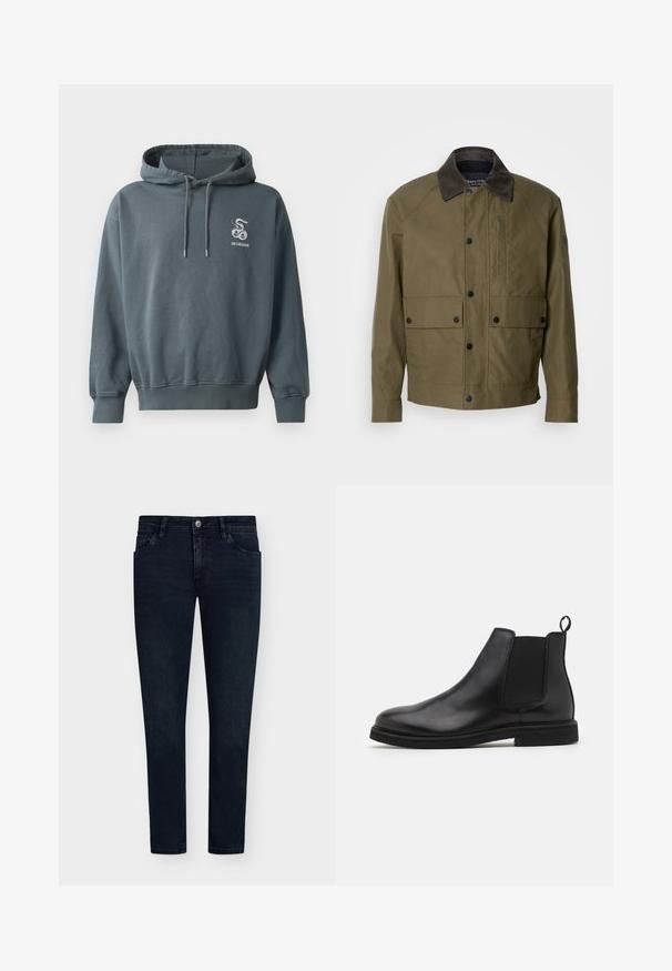 Oliivivihreä takki, joka on valmistettu teksturoidusta kankaasta, jossa on ruskea korduroy-kaulus, napit, kaksi etutaskua ja vetoketjullinen rintatasku.; Huppari tummansinisestä vihreästä kankaasta, jossa on etupuolella kenguru-tasku, nyörillä säädettävä huppu ja kirjailtu käärme-logo rinnassa.; Tummansiniset farkut, joissa on slim fit -malli, viisi taskua, nappisuljenta ja vähäinen haalistuminen. Tasainen etuosa ja kapeat lahkeensuut.; Musta nahkainen Chelsea-kenkä, jossa on elastiset sivupaneelit ja vetotuli. Pyöristetty kärki ja litteä kumipohja, joka korostaa sileää pintaa.