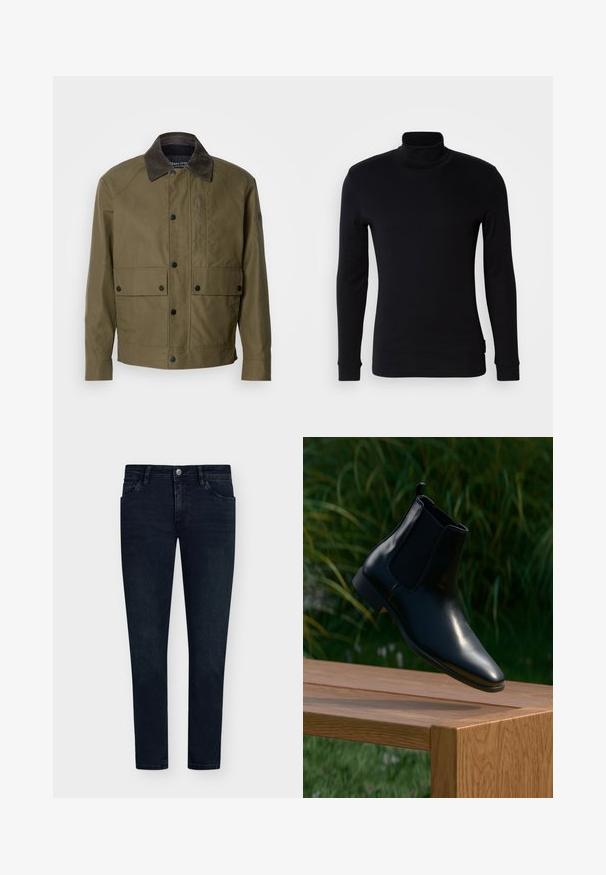 Veste vert olive en tissu texturé, dotée d'un col en velours côtelé marron, de boutons-pression, de deux poches avant et d'une poche zippée sur la poitrine.; Chandail noir à manches longues et col roulé en tissu doux. Présente un design ajusté avec des poignets côtelés et une texture lisse. Pas de motifs ni de logos.; Jean en denim bleu foncé avec une coupe ajustée, design à cinq poches, fermeture à bouton et léger délavage. Pantalon à l'avant plat et jambes étroites.; Bottine Chelsea en cuir noir flottant au-dessus d'un banc en bois, avec de l'herbe et des plantes en arrière-plan.