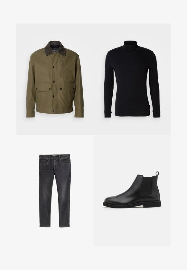Olivno zelena jakna iz teksturiranega blaga, s prednjim ovratnikom iz rjave žameta, gumbi na pritisk, dvema sprednjima žepoma in žeptirnim žepom na prsih.; Črna majica z dolgimi rokavi in turtleneck iz mehkega materiala. Ima prilega obliko z rebrastimi manšetami in gladko teksturo. Brez vzorcev ali logotipov.; Tanke črne jeans hlače z zbledelim finishom, pet žepov, pasnimi zanko in subtilnimi šivi ob šivih.; Črne usnjene Chelsea škornje z elastičnimi bočnimi paneli in zanka za obuvanje. Okrogla kapa in ravno gumijasto dno, kar poudarja gladko zaključeno površino.