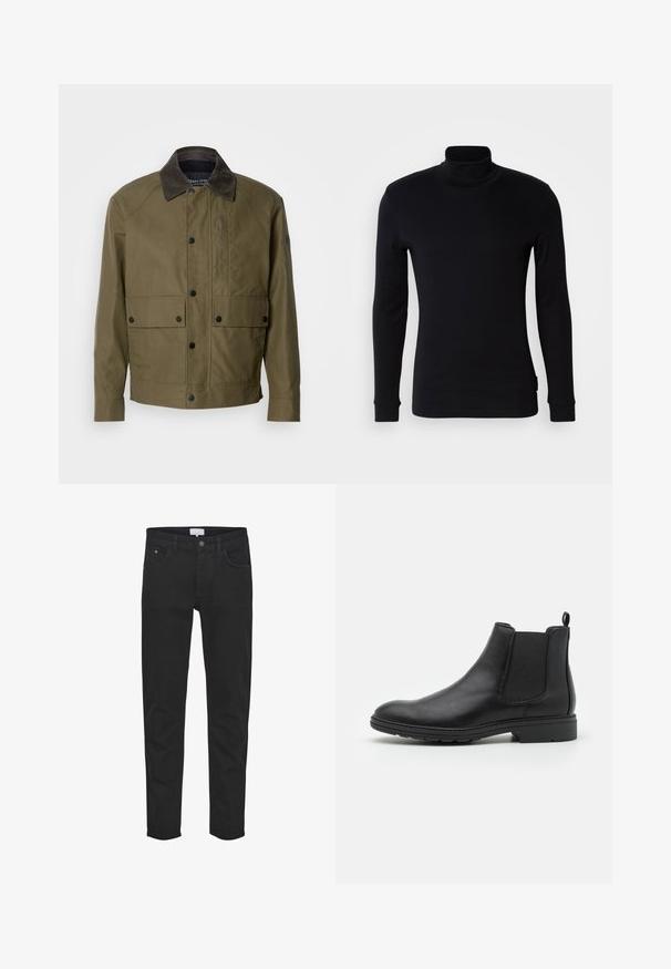 Oliivivihreä takki, joka on valmistettu teksturoidusta kankaasta, jossa on ruskea korduroy-kaulus, napit, kaksi etutaskua ja vetoketjullinen rintatasku.; Musta pitkähihainen poolopaita, joka on valmistettu pehmeästä kankaasta. Ominaisuuksina istuva leikkaus, ribbireunukset ja sileä pinta. Ei kuvioita tai logoja.; Musta denimi-housut sisältävät viisi taskua, vetoketjun, slim fit -mallin ja huomaamatonta ompelua. Kangas on sileä tekstuuri.; Mustat nahkaiset Chelsea-nilkkurit, joissa on joustavat sivupaneelit ja vetoketju, pyöristetty kärki ja teksturoitu kumipohja.