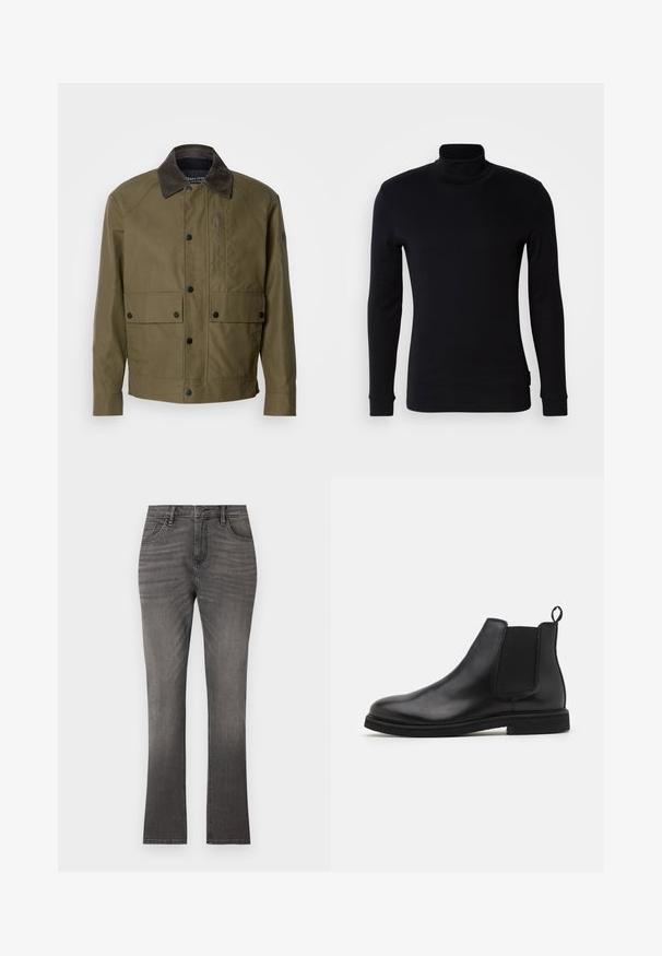 Oliivivihreä takki, joka on valmistettu teksturoidusta kankaasta, jossa on ruskea korduroy-kaulus, napit, kaksi etutaskua ja vetoketjullinen rintatasku.; Musta pitkähihainen poolopaita, joka on valmistettu pehmeästä kankaasta. Ominaisuuksina istuva leikkaus, ribbireunukset ja sileä pinta. Ei kuvioita tai logoja.; Harmaat farkut suoranlahkeilla, joissa on klassinen viiden taskun muotoilu ja hienovarainen kuluminen. Normaali nappi- ja vetoketjusuljenta.; Musta nahkainen Chelsea-kenkä, jossa on elastiset sivupaneelit ja vetotuli. Pyöristetty kärki ja litteä kumipohja, joka korostaa sileää pintaa.