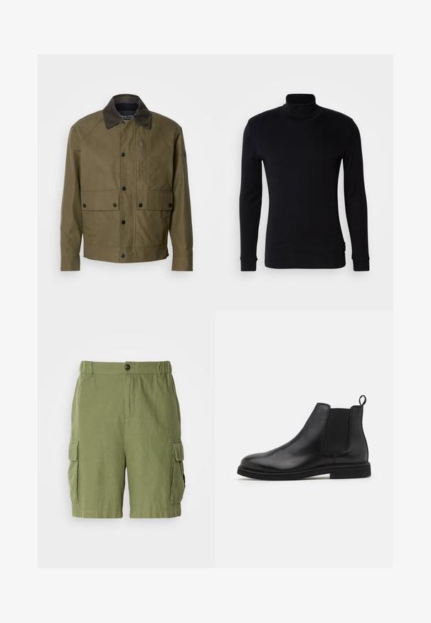 Zielona oliwkowa kurtka z teksturowanej tkaniny, z brązowym kołnierzem z materiału sztruksowego, zatrzaskami, dwoma przednimi kieszeniami i kieszenią na zamek błyskawiczny na piersi.; Czarna bluzka z długim rękawem i kołnierzem typu golf wykonana z miękkiego materiału. Posiada dopasowany krój, ściągacze na rękawach oraz gładką teksturę. Brak wzorów i logo.; Zielone szorty cargo o luźnym kroju, wykonane z lekkiego materiału. Posiadają boczne kieszenie oraz zapięcie na guziki z przodu.; Czarne skórzane botki Chelsea z elastycznymi bocznymi panelami i pętlą na tyle. Zaokrąglony czubek i płaska gumowa podeszwa, prezentujące gładkie wykończenie.