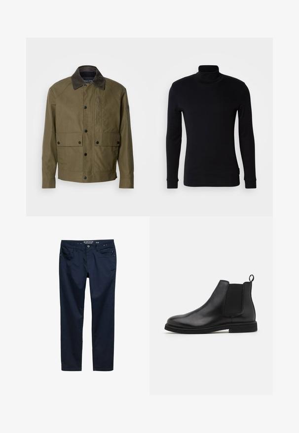 Maslinasto zeleni kaput od teksturiranog materijala, s smešnim kragnom od kordura, dugmicima na dugme, dva prednja džepa i chest džepom sa zatvaračem.; Crna dugosleeve majica s rol kragnom izrađena od mekog materijala. Ima kroj koji se prilagođava tijelu s rebrastim manžetama i glatkom teksturom. Bez uzoraka ili logotipa.; Tamno plave hlače od glatkog pamučnog materijala, s redovitom krojem, pet džepova i zatvaranjem na zip i gumb.; Crne kožne Chelsea čizme s elastičnim bočnim panelima i petnom trakom. Zaobljeni vrh i ravni gumeni đon, prikazujući glatku površinu.