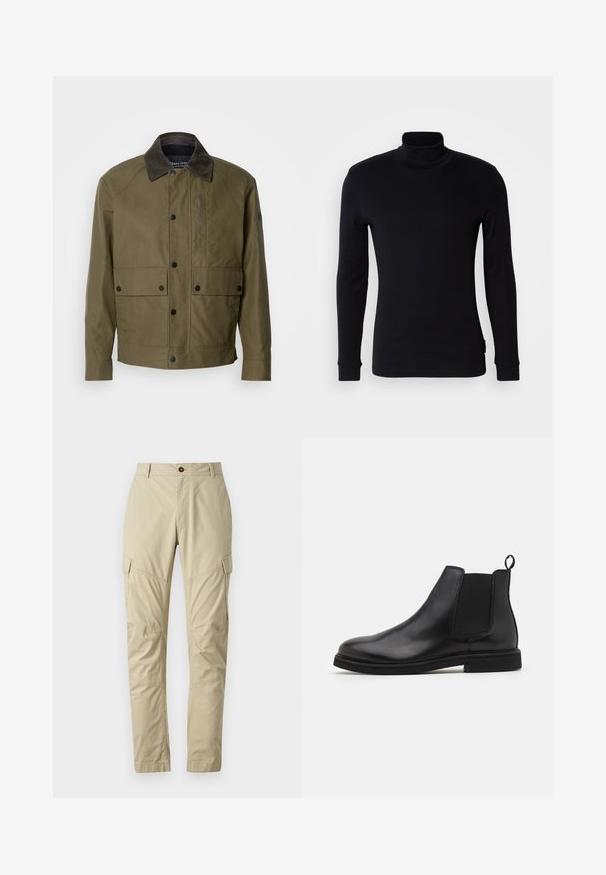 Zielona oliwkowa kurtka z teksturowanej tkaniny, z brązowym kołnierzem z materiału sztruksowego, zatrzaskami, dwoma przednimi kieszeniami i kieszenią na zamek błyskawiczny na piersi.; Czarna bluzka z długim rękawem i kołnierzem typu golf wykonana z miękkiego materiału. Posiada dopasowany krój, ściągacze na rękawach oraz gładką teksturę. Brak wzorów i logo.; Beżowe spodnie cargo wykonane z lekkiego materiału, z wieloma kieszeniami, zapięciem na guzik oraz zwężanym krojem nogawek. Gładka tekstura.; Czarne skórzane botki Chelsea z elastycznymi bocznymi panelami i pętlą na tyle. Zaokrąglony czubek i płaska gumowa podeszwa, prezentujące gładkie wykończenie.