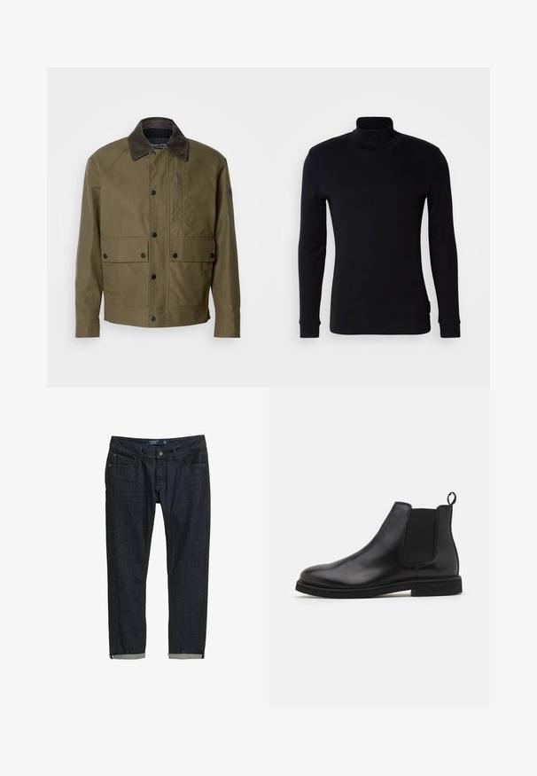 Alyvuogių žalios spalvos švarkas, pagamintas iš tekstūruoto audinio, su ruduoju velveto apykakle, snap mygtukais, dviem priekinėmis kišenėmis ir užtrauktuku uždaroma krūtine kišene.; Juodas ilgomis rankovėmis golfas, pagamintas iš švelnios medžiagos. Savybės: prigludusi konstrukcija su išmegztais rankogaliais ir lygia tekstūra. Nėra raštų ar logotipų.; Tamsūs džinsai su siauru siluetu, su suktais kraštais, klasikiniu penkių kišenių dizainu ir mygtukų užsegimu, pateikti ant baltos fono.; Juodos odinės Chelsea botai su elastingomis šoninėmis juostomis ir vilkimo kilpute. Suapvalintas pirštas ir plokščias gumos padas, pabrėžiantis lygų apdailą.