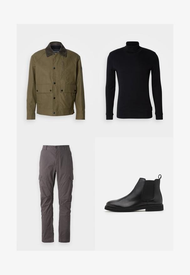 Olīvu zaļš mētelis, kas izgatavots no teksturēta auduma, ar brūnu krokodila kaklu, spiedpogām, divām priekšējām kabatām un kabatu ar rāvējslēdzēju krūtīs.; Melnas garām piedurknēm turtleneck krekls, izgatavots no mīkstas auduma. Tam ir piegulosa dizaina forma ar ribotām aprocēm un gludu tekstūru. Nav raksturojumu vai logo.; Pelēki kravas bikses ar taisnu griezumu, kurām ir vairāki sānu kabatas un pastiprināta šuvju līnija gar kājām. Izgatavotas no izturīga auduma.; Melnas ādas Čelsijas botas ar elastīgām sānu daļām un vilkšanas cilpu. Apaļā pirksta forma un plakana gumijas zole, demonstrējot gludu apdari.