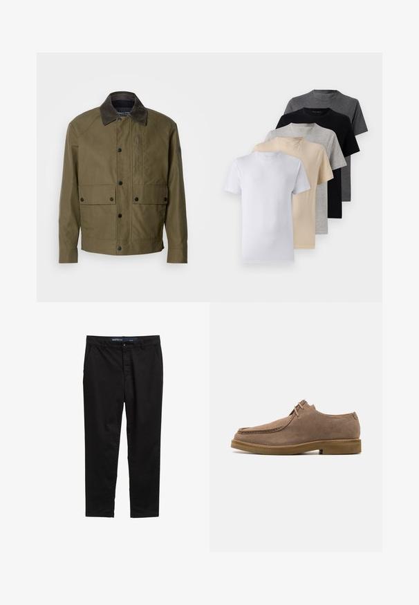 Olivegrüne Jacke aus strukturiertem Stoff, mit einem braunen Cordkragen, Druckknöpfen, zwei Fronttaschen und einer Reißverschlusstasche auf der Brust.; Set aus fünf Kurzarm-T-Shirts in Weiß, Beige, Hellgrau, Dunkelgrau und Schwarz. Hergestellt aus glattem Baumwollmaterial, mit Rundhalsausschnitt.; Schwarze Chinos aus einem Baumwollmischgewebe. Verfügt über ein gerades Bein Design, zwei seitliche Taschen und einen Metallknopfverschluss an der Taille.; Zign LEATHER - Sportlicher Schnürer - taupe