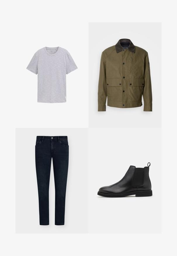 Olijfgroene jasje van textuurstof, met een bruine corduroy kraag, drukknoopsluiting, twee voorzakken en een ritszak op de borst.; Grijze T-shirt met korte mouwen, gemaakt van zachte, gestructureerde katoen. Heeft een ronde halslijn en een klein logo dat aan de linker onderzijde is gedrukt.; Donkerblauwe denim jeans met een slim fit, vijfzakkenontwerp, knoopsluiting en minimale vervaging. Rechte voorkant en smalle beenopeningen.; Zwarte leren Chelsea boots met elastische zijpanelen en een trekband. Ronde neus en platte rubberen zool, met een gladde afwerking.