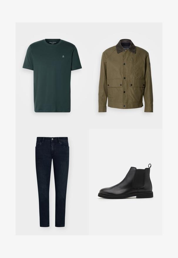 Casaco verde-oliva feito de tecido texturizado, com um colarinho de veludo cotelê castanho, botões de pressão, dois bolsos frontais e um bolso no peito com fecho éclair.; T-shirt verde escuro feito de tecido macio, com decote redondo e mangas curtas. Logótipo bordado no lado esquerdo do peito.; Jeans de ganga azul escuro com um corte slim, design de cinco bolsos, fecho de botão e desgaste mínimo. Frente lisa e aberturas de perna estreitas.; Botas Chelsea de couro pretas com painéis laterais elásticos e uma alça na parte traseira. Ponta arredondada e sola de borracha plana, apresentando um acabamento suave.