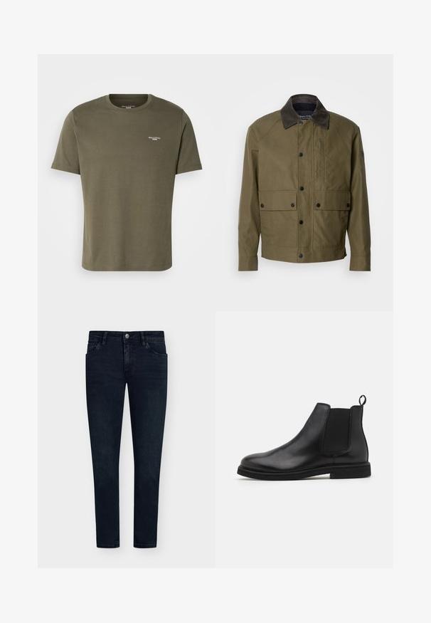 Olivgrön jacka av texturerad tyg, med en brun kordflöjelskrage, tryckknappar, två framfickor och en zip-ficka på bröstet.; Olivgrön bomull t-shirt med korta ärmar, rundad hals och en liten vit logotyp på bröstet. Slät textur och avslappnad passform.; Mörkblå denimjeans med slim fit, femfickorsdesign, knappstängning och minimal blekning. Platt front och smala benöppningar.; Svarta läder Chelsea-boots med elastiska sidopaneler och en dragflik. Rund tå och platt gummisula, som visar en slät yta.