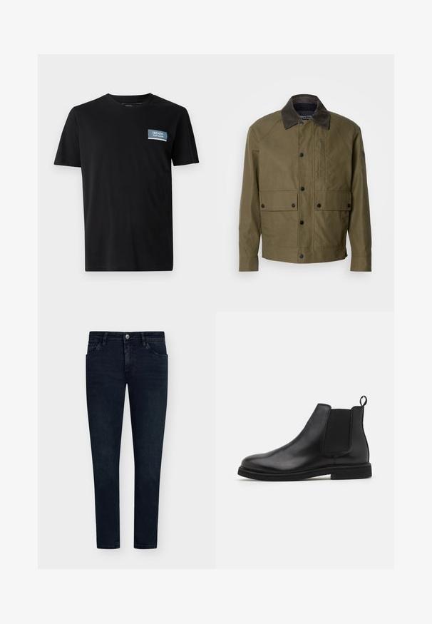 Oliivivihreä takki, joka on valmistettu teksturoidusta kankaasta, jossa on ruskea korduroy-kaulus, napit, kaksi etutaskua ja vetoketjullinen rintatasku.; Musta lyhythihainen t-paita, joka on valmistettu pehmeästä kankaasta. T-paidassa on vasemmassa rinnassa sininen suorakulmainen merkki, jossa on teksti "DENIM TOM TAILOR".; Tummansiniset farkut, joissa on slim fit -malli, viisi taskua, nappisuljenta ja vähäinen haalistuminen. Tasainen etuosa ja kapeat lahkeensuut.; Musta nahkainen Chelsea-kenkä, jossa on elastiset sivupaneelit ja vetotuli. Pyöristetty kärki ja litteä kumipohja, joka korostaa sileää pintaa.