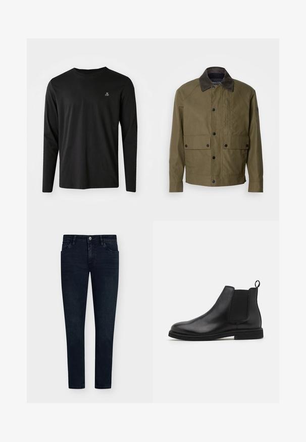 Olijfgroene jasje van textuurstof, met een bruine corduroy kraag, drukknoopsluiting, twee voorzakken en een ritszak op de borst.; Zwarte langemouwen t-shirt gemaakt van katoen, met een ronde hals en een klein wit logo op de linkerkant van de borst. Eenvoudig ontwerp.; Donkerblauwe denim jeans met een slim fit, vijfzakkenontwerp, knoopsluiting en minimale vervaging. Rechte voorkant en smalle beenopeningen.; Zwarte leren Chelsea boots met elastische zijpanelen en een trekband. Ronde neus en platte rubberen zool, met een gladde afwerking.