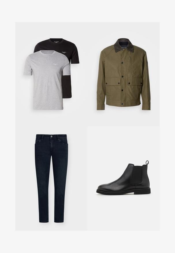 Olíva zöld zakó texturált anyagból, barna kordbársony gallérral, patentgombokkal, két elülső zsebbel és cipzáras mellzsebbel.; Két rövid ujjú póló: egy szürke és egy fekete. Mindkettő kerek nyakú, és van egy kis fehér logó a mellkasán. Pamut anyag.; Sötétkék farmernadrág, slim fit szabással, öt zsebbel, gombos záródással és minimális fakulással. Lapos elülső rész és szűk lábnyílások.; Fekete bőr Chelsea csizma elasztikus oldalsó panelek és húzófül nélkül. Lekerekített orr és lapos gumitalp, sima kivitelben.