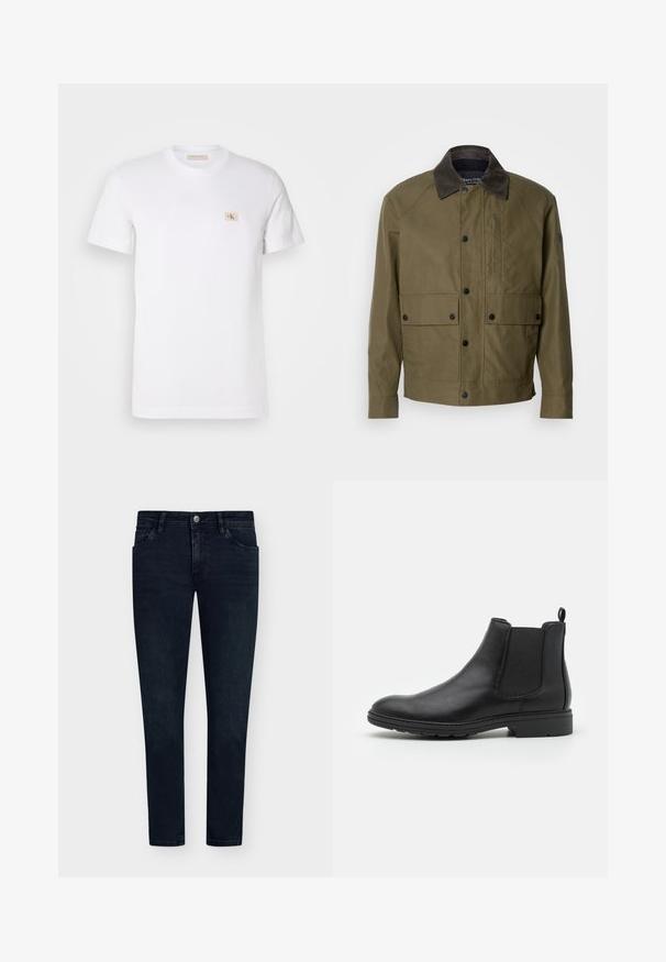 Giacca verde oliva realizzata in tessuto testurizzato, con colletto in corduroy marrone, bottoni a pressione, due tasche frontali e una tasca sul petto con zip.; T-shirt bianco in cotone con maniche corte, collo a giro, e un piccolo logo quadrato beige sul lato sinistro del petto. Tessuto liscio, vestibilità standard.; Jeans in denim blu scuro con vestibilità slim, design a cinque tasche, chiusura con bottone e sbiadimento minimo. Parte frontale liscia e aperture delle gambe strette.; Stivale Chelsea in pelle nera con pannelli laterali elasticizzati e un ciondolo sul tallone, caratterizzato da una punta arrotondata e una suola in gomma testurizzata.