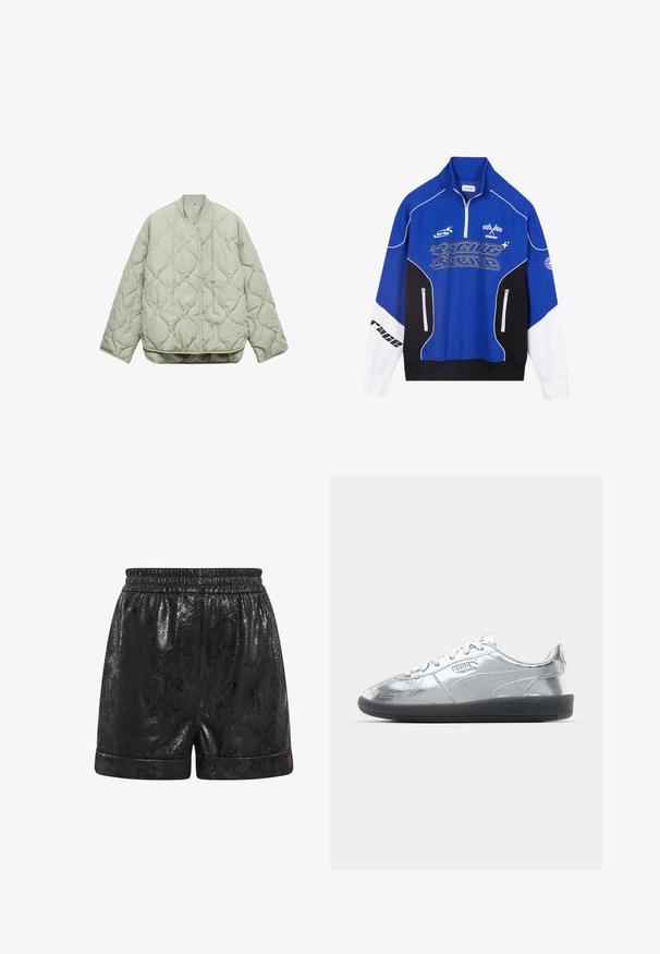 Lichtgroene gewatteerde jas met een ronde halslijn, sluiting aan de voorkant, oversized pasvorm en ruitvormige patronen op de stof.; Blauw en zwart ritsvest met witte accenten, voorzien van het 'RACING' logo in vetgedrukte letters, hoge kraag en twee ritszakken.; Zwarte shorts van glanzend, textuurmateriaal met een slangenhuidpatroon. Elastische tailleband en omslagwaarden. Geschikt voor casual wear.; Zilveren sneakers met een gladde, reflecterende bovenkant, voorzien van zwarte rubberen zolen en een klassiek vetersluiting ontwerp. Puma-logo aan de zijkant.