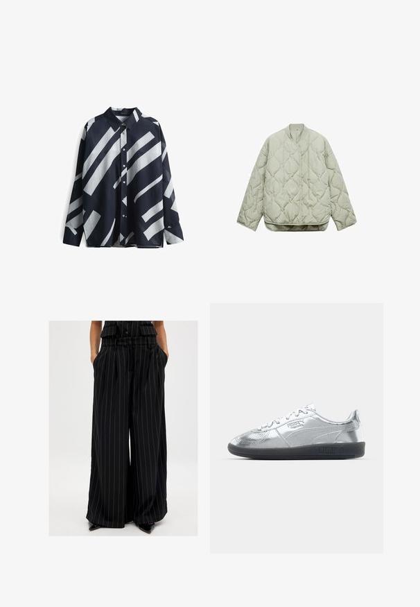 Giacca trapuntata verde chiaro con scollo rotondo, chiusura frontale, vestibilità oversize e motivi a forma di diamante sul tessuto.; Camicia con bottoni realizzata in tessuto leggero, caratterizzata da uno sfondo blu navy con audaci righe bianche diagonali e colletto classico.; Pantaloni larghi neri realizzati in un tessuto morbido con righe verticali. Presentano una vita con cintura e tasche laterali.; Sneakers argentati con una tomaia liscia e riflettente, dotati di suole in gomma nere e un classico design con allacciatura. Logo Puma sul lato.
