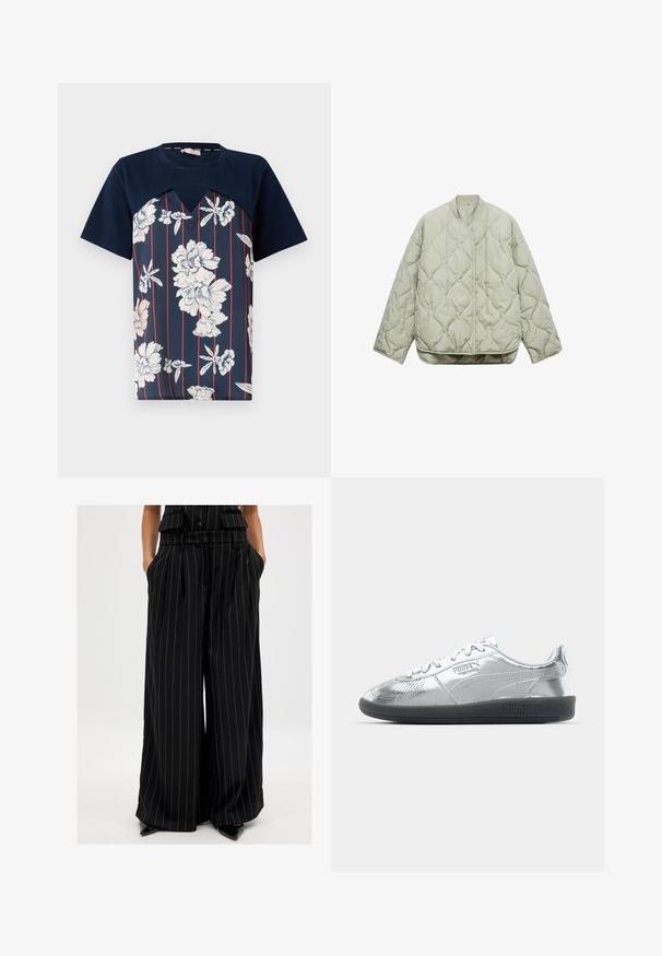 Light green quilted jacket featuring a round neckline, front closure, oversized fit, and diamond-shaped patterns on the fabric.; Navy blue t-shirt with floral print in white and light pink, featuring vertical red stripes and a v-shaped neckline. Short sleeves.; Black wide-leg trousers made from a smooth fabric with vertical pinstripes. Features a belted waist and side pockets.; Silver sneakers with a smooth, reflective upper, featuring black rubber soles and classic lace-up design. Puma logo on the side.