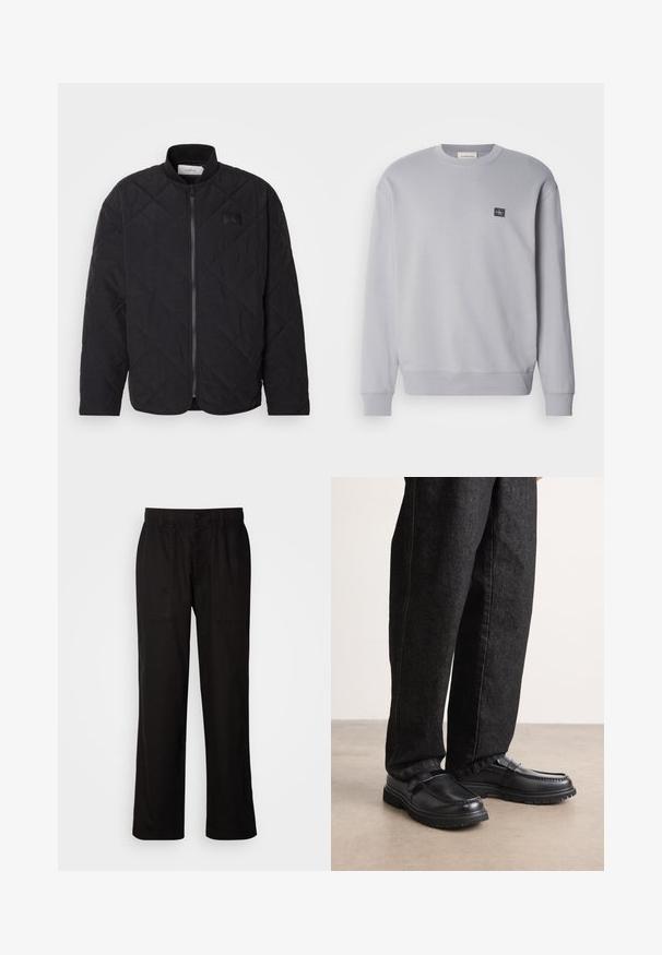 Mustat tikattu takki, jossa on pystykaulus, vetoketjusuljenta ja hillitty logopainatus. Omistaa tekstuurin ja timantinmuotoiset kuviot.; Vaaleanharmaa huppari, joka on valmistettu puuvillasekoitteesta. Ominaisuuksiin kuuluvat pitkät hihat, pyöreä pääntie ja pieni logotähti rintamuksessa. Pehmeä tekstuuri.; Mustat housut rentoa istuvuutta, valmistettu kevyestä kankaasta. Varustettu elastisella vyötärönauhalla, nappikiinnityksellä ja kahdella etutaskulla.; Mustat nahkakengät, joissa on tekstuuripinta, erottuva sauman muotoilu ja kestävä kumipohja, yhdistettynä tummiin farkkuihin.