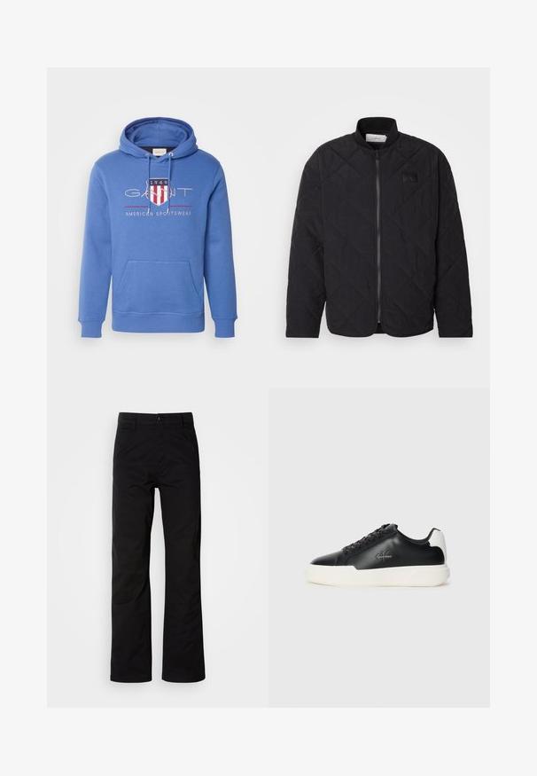Svart quilted jakke med ståkrage, glidelås og en subtil logo-patch. Har en teksturert overflate og diamantformede mønstre.; GANT ARCHIVE SHIELD - Hoodie - rich blue; Svarte bomullsbukser med rett ben-design, med knappelukking og beltehemper. Glatt tekstur og minimalistisk stil uten synlige mønstre.; Svart lær sneakers med hvit gummisåle. Har rund tå, snøring og logo detalj på siden. Bakakcent i hvitt.