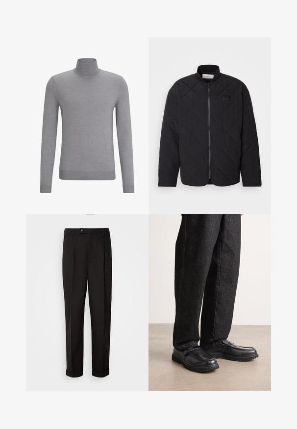 Juodas siuvinėtas švarkas su stovinčiu apykakle, užtrauktuku ir subtilia logotipo etikete. Siūlo tekstūruotą paviršių ir deimanto formos raštus.; HUGO SAN THOMAS - Džemperis - silver; Juodos kelnės su lygiu paviršiumi, tiesaus kirpimo, su dviem priekinių kišenių ir vieno mygtuko uždarymu juosmenyje.; Juodos odinės bateliai su tekstūruotu paviršiumi, turintys iškilusių siūlių dizainą ir tvirtą guminį padas, dėvimi su tamsiai mėlynomis džinsinėmis kelnėmis.