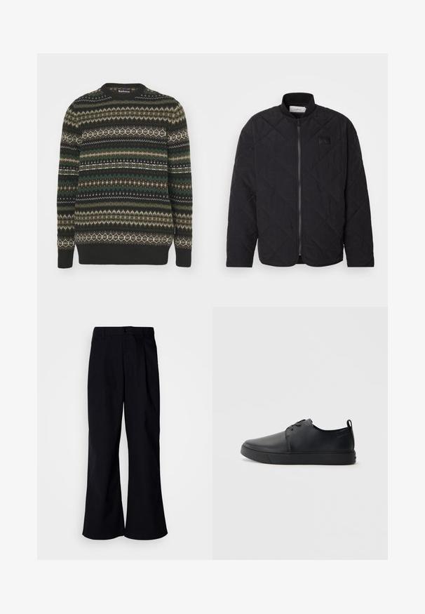Jachetă neagră matlasată cu guler în picioare, închidere cu fermoar și un patch discret cu logo. Prezintă o finisare texturată și modele în formă de diamant.; Pulover tricotat cu un fundal întunecat și modele geometrice multicolore în nuanțe de verde, bej și alb. Design clasic cu gât rotund.; Pantaloni negri cu croi larg din bumbac, cu pliuri frontale, dotati cu închidere prin nasture și bucle pentru curea, textura netedă și fără modele vizibile.; Sneakers din piele neagră cu un finisaj neted, vârf rotund, cusături tonale, șireturi în față și o talpă plată din cauciuc. Buclă la călcâi.