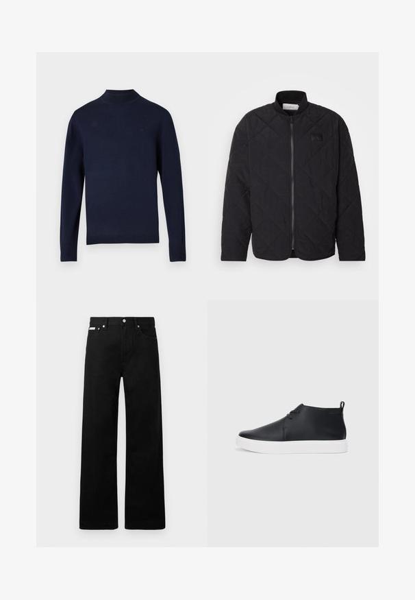 Zwarte gewatteerde jas met een staande kraag, ritsluiting en een subtiele logo patch. Heeft een gestructureerde afwerking en ruitvormige patronen.; Navy gebreide trui met een hoge hals, lange mouwen en geribde manchetten. Voorzien van een subtiele merklogo op de borst. Soepele textuur.; Zwarte spijkerbroek met een wijd uitlopende pasvorm, voorzien van vijf zakken en metallic knopen. Gladde textuur, geen zichtbare patronen.; Zwarte leren high-top sneakers met een gladde afwerking, witte rubberen zool en een eenvoudig vetersluiting ontwerp. Beschikt over een trekband aan de achterkant.