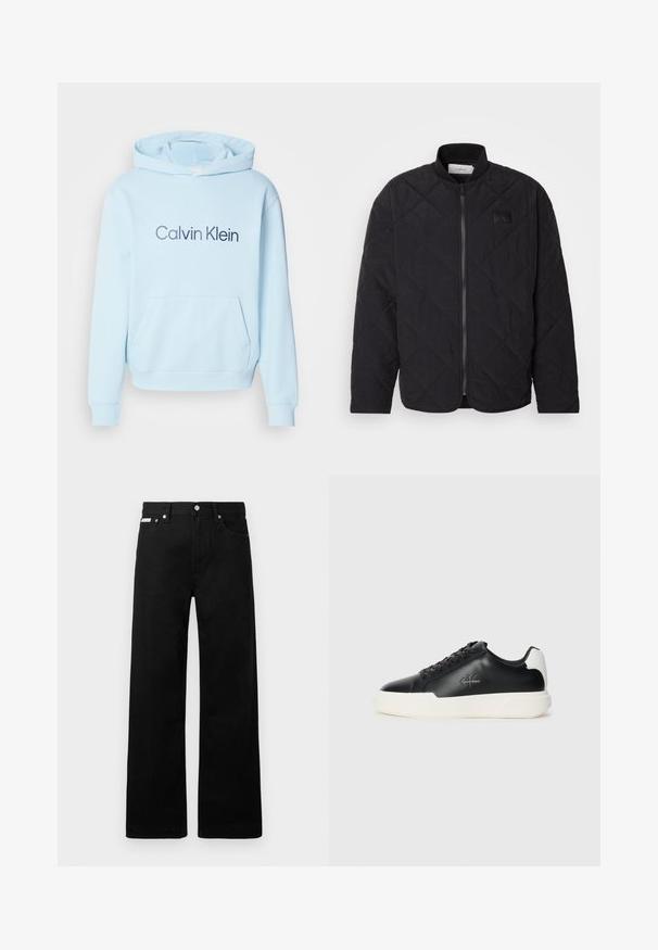 Μαύρο πουπουλένιο μπουφάν με ψηλό γιακά, κλείσιμο με φερμουάρ και διακριτικό λογότυπο. Διαθέτει υφή και διαμαντοειδή σχέδια.; Γαλάζια ζακέτα από μαλακό ύφασμα, με μπροστινή τσέπη και έντονο λογότυπο "Calvin Klein" τυπωμένο σε σκούρο μπλε.; Μαύρο τζιν παντελόνι με φαρδιά γραμμή, διαθέτει πέντε τσέπες και μεταλλικά κουμπιά. Λείος υφάσματος, χωρίς ορατά σχέδια.; Μαύρα δερμάτινα sneakers με λευκή καουτσούκ σόλα. Διαθέτει στρογγυλή μύτη, σχέδιο με κορδόνια και λεπτομέρεια λογότυπου στο πλάι. Πίσω διακόσμηση σε λευκό χρώμα.