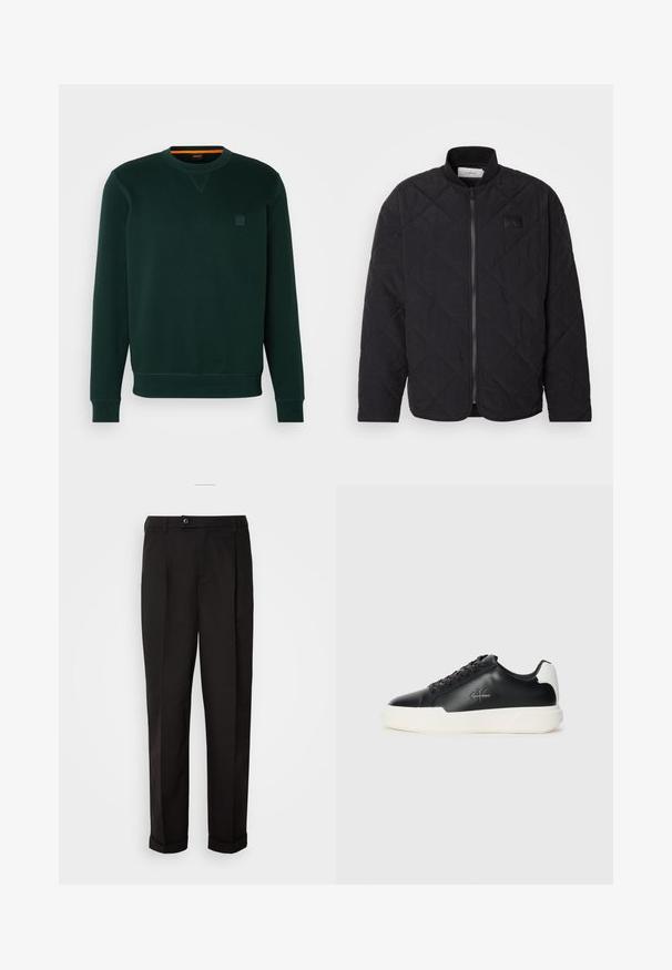 Mustmustriid jakki kõrgendatud krae, tõmblukuga ja diskreetne logo silt. Omab tekstuuriga pinda ja teemantkujundeid.; Tume roheline kets, mis on valmistatud pehmest kangast, ümmarguse kaelusega, soonikuvarrukatega ja väikse logotükiga rindkere piirkonnas. Sile tekstuur.; Mustad püksid siledast kangast, sirge lõikega, kahe esipocketiga ja ühe nööbiga vöökoha kinnitamiseks.; Mustad musta nahast jooksutossud valge kummist tallaga. Omavad ümmargust ninakujuga disaini, paeltega kinnitust ja logo detaili külgedel. Tagumine aktsent on valge.