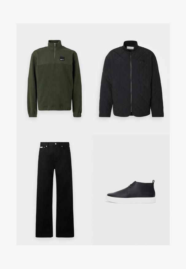 Fekete, steppelt dzseki álló gallérral, cipzáras záródással és diszkrét logófátyollal. Jellemzője a texturált felület és a gyémánt alakú mintázat.; Sötétzöld bolyhos pulóver negyed cipzárral, magas gallérral, rugalmas mandzsettákkal és szegéllyel, valamint egy kis fekete téglalap alakú logóval a mellkason.; Fekete farmernadrág széles szabással, öt zsebbel és fém gombos díszítéssel. Sima felület, látható minták nélkül.; Fekete bőr magas szárú sneakers, sima felülettel, fehér gumi talppal és egyszerű, fűzős dizájnnal. Hátul húzófül található.