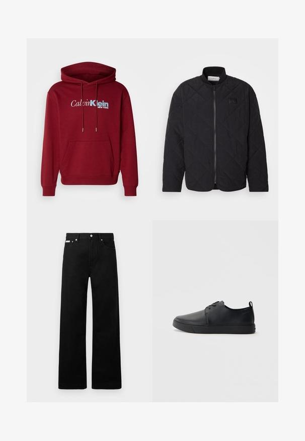 Jaqueta preta acolchoada com colarinho alto, fecho de correr e um discreto emblema. Apresenta um acabamento texturizado e padrões em forma de losango.; Sweatshirt com capuz em bordeaux feito de tecido felpudo, apresentando um bolso canguru, punhos com ribanas e o logotipo "Calvin Klein NEW YORK" em branco e azul.; Calças de ganga pretas com um design de pernas largas, apresentando cinco bolsos e fechos metálicos. Textura suave, sem padrões visíveis.; Sapatilha de couro preta com um acabamento liso, bico arredondado, costura ton sur ton, frente com atacadores e sola plana de borracha. Alça no calcanhar.