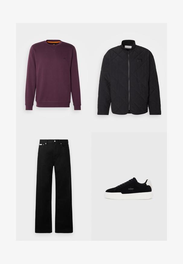 Jaqueta preta acolchoada com colarinho alto, fecho de correr e um discreto emblema. Apresenta um acabamento texturizado e padrões em forma de losango.; Sweatshirt roxo com decote redondo, apresentando um pequeno logotipo em patch e um detalhe laranja no colarinho interior. Tecido macio e texturizado.; Calças de ganga pretas com um design de pernas largas, apresentando cinco bolsos e fechos metálicos. Textura suave, sem padrões visíveis.; Sapatilha preta de cano baixo com sola e aba do calcanhar brancas, com atacadores à frente e logotipo da Calvin Klein na lateral.
