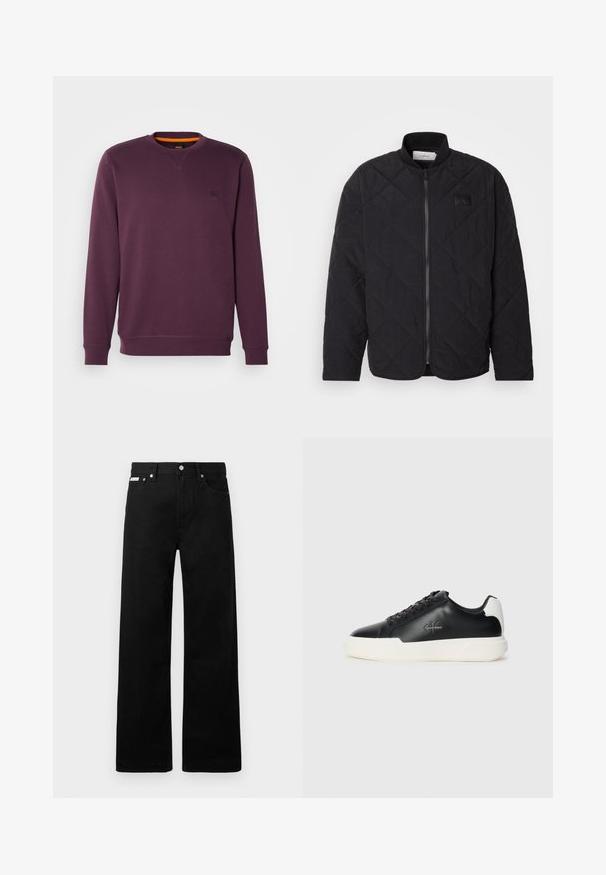 Giacca nera trapuntata con colletto alto, chiusura con zip e una discreta patch con logo. Presenta una finitura testurizzata e motivi a forma di diamante.; Felpa viola con collo a giro, caratterizzata da una piccola toppa con logo e un accento arancione all'interno del colletto. Tessuto morbido e strutturato.; Pantaloni in denim nero con design a gamba larga, dotati di cinque tasche e hardware in metallo per i bottoni. Texture liscia, senza motivi visibili.; Sneakers in pelle nera con suola in gomma bianca. Presentano punta rotonda, design con lacci e dettaglio del logo sul lato. Accento posteriore in bianco.