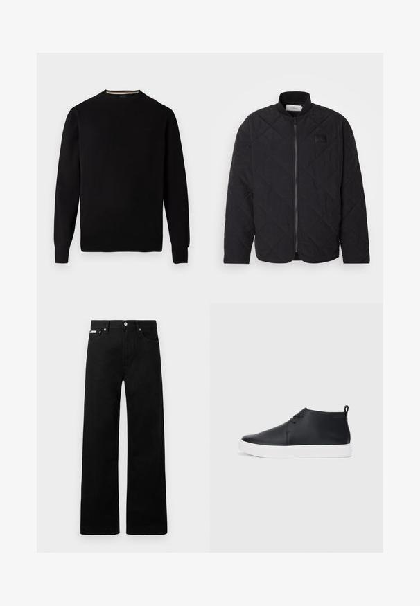 Black quilted jacket with a stand collar, zip closure, and a subtle logo patch. Features a textured finish and diamond-shaped patterns.; Black knit sweater with a round neck, ribbed cuffs and hem, featuring a subtle logo on the chest and a contrasting inner neckband.; Black denim pants with a wide-leg design, featuring five pockets and metallic button hardware. Smooth texture, no visible patterns.; Black leather high-top sneakers with a smooth finish, white rubber sole, and simple lace-up design. Features a pull tab at the back.