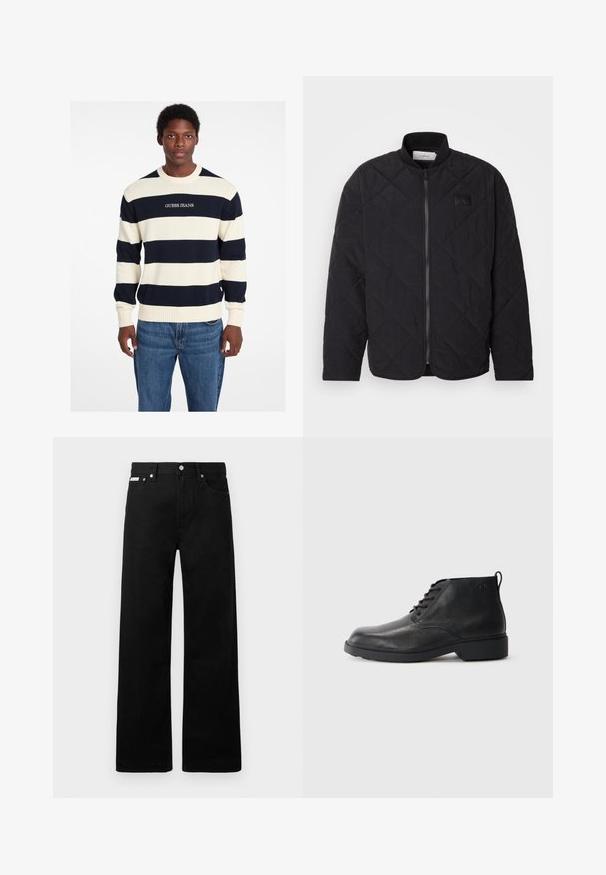 Crni jakna s vezom s uzorkom, zatvaranjem na patentni zatvarač i diskretnim logom. Ima teksturiranu završnu obradu i dijamantne oblike.; Pulover s prugama u mornarskoj i krem boji od pletene tkanine, s rebrastim manžetama i rubom, na kojem je istaknut "GUESS JEANS" logo sprijeda. Udoban kroj.; Crne traperice širokog kroja, s pet džepova i metalnim dugmadi. Glatka tekstura, bez vidljivih uzoraka.; Crne kožne čizme s teksturiranim završetkom, okruglim prstom, vezanjem sprijeda i čvrstim gumenim potplatom. Imaju mali povlačni tab na stražnjem dijelu.