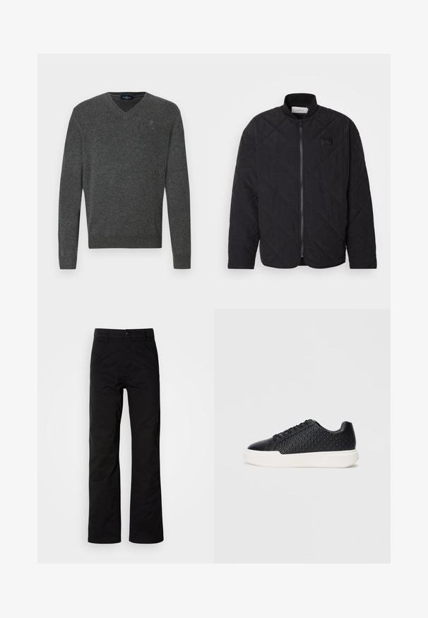 Jachetă neagră matlasată cu guler în picioare, închidere cu fermoar și un patch discret cu logo. Prezintă o finisare texturată și modele în formă de diamant.; Pulover gri cu decolteu în V, realizat dintr-un material moale. Are manșete ribbate și tiv, cu un mic logo brodat pe piept. Design simplu, croială clasică.; Pantaloni negri din bumbac cu un design drept, având închidere cu nasture și bucle pentru curea. Textură netedă și stil minimalist, fără modele vizibile.; Adidași negri cu textură geometrică pe lateral, vârf neted și talpă din cauciuc albă. Prezintă șireturi rotunde și un design low-top.