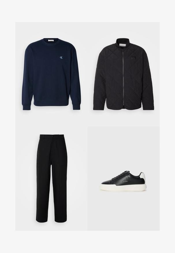 Jachetă neagră matlasată cu guler în picioare, închidere cu fermoar și un patch discret cu logo. Prezintă o finisare texturată și modele în formă de diamant.; Sweatshirt bleumarin dintr-un amestec de bumbac, cu manșete și tiv ribbed. Prezintă un mic logo albastru deschis pe piept. Design clasic cu gât rotund.; Pantaloni negri dintr-un material neted, cu un design drept, închidere cu nasture pe față și buzunare laterale.; Adidași din piele neagră cu talpă din cauciuc alb. Prezintă vârf rotund, design cu șireturi și detalii cu logo pe lateral. Accentele din spate sunt albe.