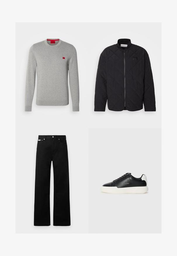 Mustmustriid jakki kõrgendatud krae, tõmblukuga ja diskreetne logo silt. Omab tekstuuriga pinda ja teemantkujundeid.; Helehall pikkade varrukatega sviiter, mis on valmistatud pehmest kudumisest. Sviitril on punane kaelus ja väikene punane logoäpplikatsioon rinnal.; Mustadest denimist püksid laiade jalgadega, viie tasku ja metallist nööpidega. Sile tekstuur, nähtavad mustrid puuduvad.; Mustad musta nahast jooksutossud valge kummist tallaga. Omavad ümmargust ninakujuga disaini, paeltega kinnitust ja logo detaili külgedel. Tagumine aktsent on valge.