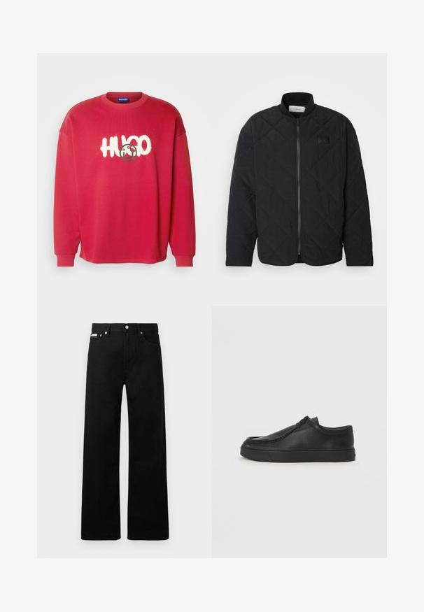 Crni jakna s vezom s uzorkom, zatvaranjem na patentni zatvarač i diskretnim logom. Ima teksturiranu završnu obradu i dijamantne oblike.; HUGO NIMAYLONG - Sportska majica - dark red; Crne traperice širokog kroja, s pet džepova i metalnim dugmadi. Glatka tekstura, bez vidljivih uzoraka.; Crne kožne cipele bez vezivanja s okruglim vrhom, šivanim detaljima i crnom gumenom potplatom. Glatka tekstura s minimalističkim dizajnom.