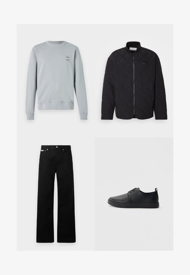 Fekete, steppelt dzseki álló gallérral, cipzáras záródással és diszkrét logófátyollal. Jellemzője a texturált felület és a gyémánt alakú mintázat.; Világosszürke pulóver puha anyagból, kerek nyakkivágással, bordás mandzsettákkal és alsó résszel, a mellkasán két fekete "SAMSØE" logóval.; Fekete farmernadrág széles szabással, öt zsebbel és fém gombos díszítéssel. Sima felület, látható minták nélkül.; Fekete bőr sportcipő sima felülettel, lekerekített orral, azonos színű varrással, fűzős elülső résszel és lapos gumitalppal. Hurok a sarkán.