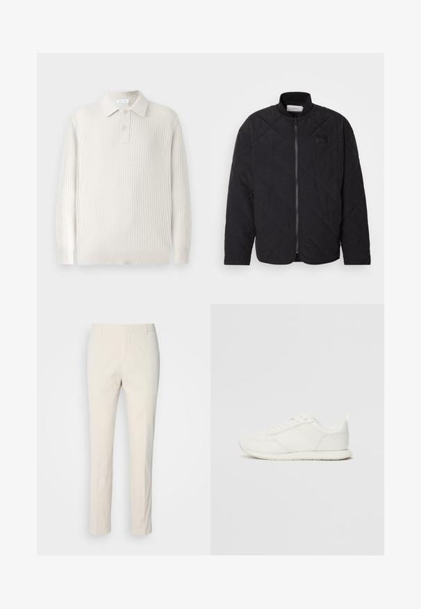 Čierna prešívaná bunda s stojatým golierom, zapínaním na zips a jemnou nášivkou loga. Má textúrovaný povrch a vzory v tvare diamantu.; Svetlo béžový pletený polokošeľový sveter s rebrovanou textúrou, golierom a dvoma gombíkmi. Má dlhé rukávy a priliehavý lem.; Béžové nohavice s prispôsobeným strihom a textúrovanou tkaninou. Majú rovný strih, pútka na opasok a dve predné vrecká. Bez vzorov.; Biele tenisky s sieťovaným a syntetickým zvrškom, okrúly špička, ploché šnúrky a štruktúrovaný pruh na boku. Gumová podrážka s pútkom na zadnej strane.