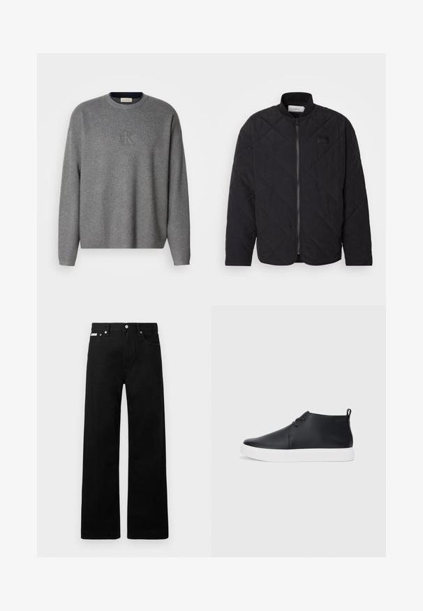 Jaqueta preta acolchoada com colarinho alto, fecho de correr e um discreto emblema. Apresenta um acabamento texturizado e padrões em forma de losango.; Sweatshirt cinza de malha com gola redonda, apresentando um logótipo "ck" em relevo no peito e punhos canelados. Textura suave, corte descontraído.; Calças de ganga pretas com um design de pernas largas, apresentando cinco bolsos e fechos metálicos. Textura suave, sem padrões visíveis.; Sapatilhas altas de couro preto com um acabamento suave, sola de borracha branca e um design simples de atacadores. Apresenta uma alça na parte de trás.