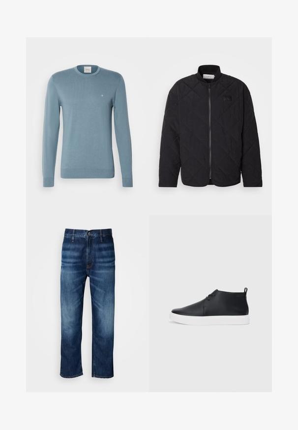 Jachetă neagră matlasată cu guler în picioare, închidere cu fermoar și un patch discret cu logo. Prezintă o finisare texturată și modele în formă de diamant.; Pulover usor albastru deschis, cu guler rotund, confectionat dintr-un material tricotat moale, avand maneci lungi si un logo mic alb pe piept.; Jeans din denim drept de culoare albastru închis, cu o ușoară decolorare pe coapse și un sistem de închidere cu nasture la talie, expuși pe un fundal alb.; Adidași negri din piele, cu vârf înalt, finisaj neted, talpă din cauciuc alb și un design simplu cu șireturi. Au un tab de prindere în partea din spate.