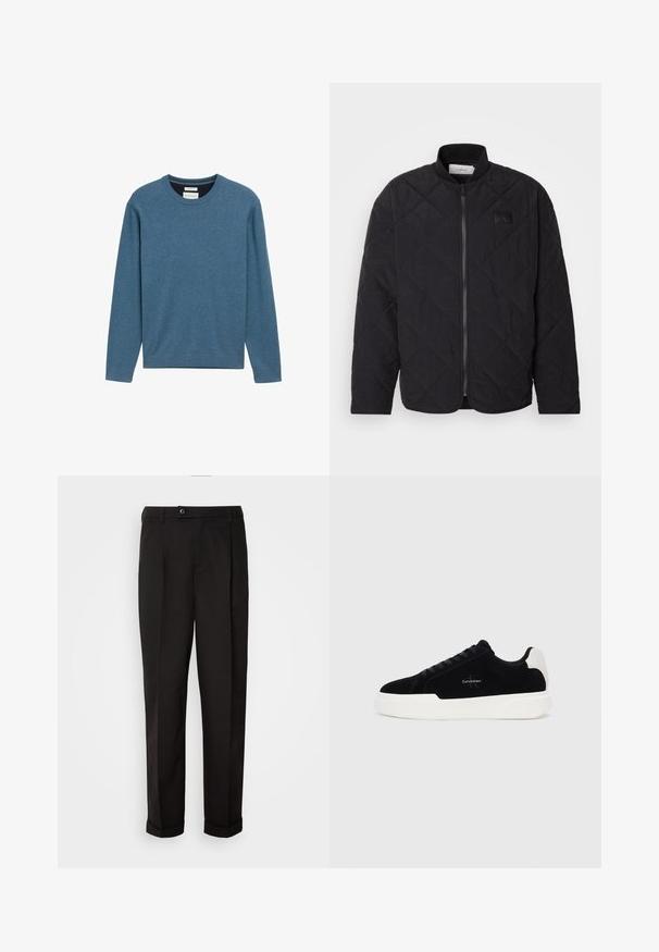 Melnā zizļu jakas ar stāvu apkakli, ar rāvējslēdzēju un mazu logotipa uzlīmi. Iespējamās struktūras apdare un dimanta formas raksti.; Zila vilnas džemperis ar apaļu kakla izgriezumu, kas izgatavots no mīksta kokvilnas, ar garām piedurknēm, ribotām aprocēm un apakšmali, kā arī nelielu logotipa detaļu priekšā.; Melnas bikses ar gludu tekstūru, diviem priekšējiem kabatām, taisnas griezuma un ar vienu pogu vidukļa daļā.; Melni zema profila sporta apavi ar baltu zoli un papēdi, ar šņorēm priekšpusē un Calvin Klein logo sānos.