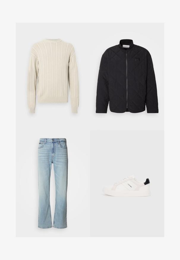 Juodas siuvinėtas švarkas su stovinčiu apykakle, užtrauktuku ir subtilia logotipo etikete. Siūlo tekstūruotą paviršių ir deimanto formos raštus.; Šviesiai smėlinės spalvos megztinis su raštuota audinio struktūra, turintis vertikalias juosteles, apvalų iškirpimą ir apsiūtus rankogalius bei apačią.; Šviesiai mėlyni džinsai su tiesiu šonu, turintys penkis kišenes, mygtukų uždarymą ir subtilų išblukimą audinyje.; Baltai sportbačiai su šviesiai rožiniais ir juodais akcentais, turintys lygaus odos ir zomšo panelius, apvalią noselę ir plokščią gumos padą.